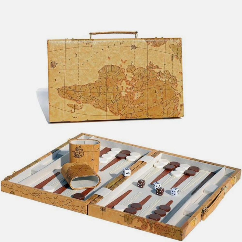 NWOT DaVinci Faux Leather Backgammon Set w Old World Style Map Case